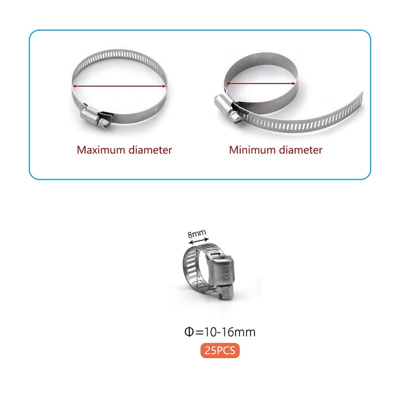 ZIPCCI Hose Clamp, 25 Pack Stainless Steel Worm Gear fuel line hose clamps, 10-16mm (3/8-5/8 inch) - Image 2